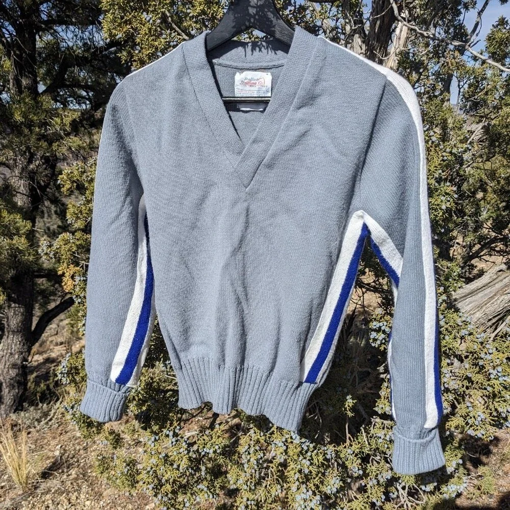 Vintage 70s Cheerleading Varsity Sweater 34 XS Gray Blue Striped V Neck Cheer - Picture 2 of 14